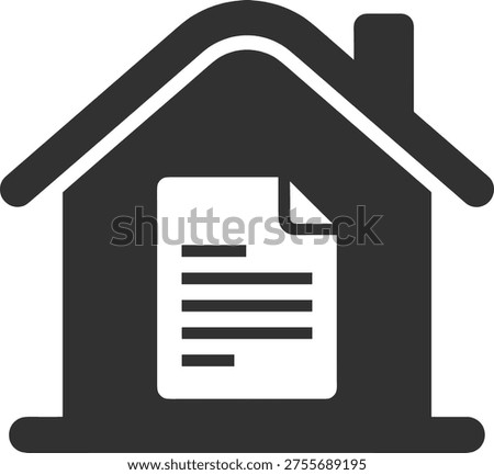 Black and white icon features a house with a document inside, signifying real estate paperwork, property deeds, mortgage contracts, and legal agreements for home ownership.