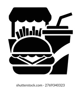A black and white icon featuring a burger, fries, and a drink under a storefront canopy.