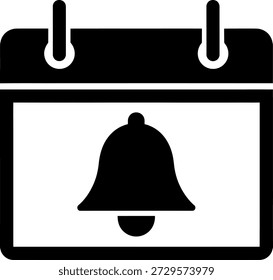 Un icono en blanco y negro con un calendario con una campana en el centro, que simboliza un recordatorio o notificación.
