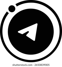 A black and white icon featuring a circular outline with a filled circle at the top, and a white paper airplane inside a larger black circle.