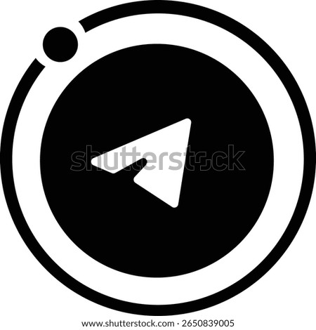 A black and white icon featuring a circular outline with a filled circle at the top, and a white paper airplane inside a larger black circle.