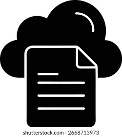A black and white icon featuring a cloud shape positioned above a document with lines of text, symbolizing cloud storage or digital information.
