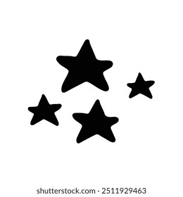 Um ícone preto e branco com um aglomerado de estrelas de vários tamanhos, dispostos em um padrão fantástico e divertido.