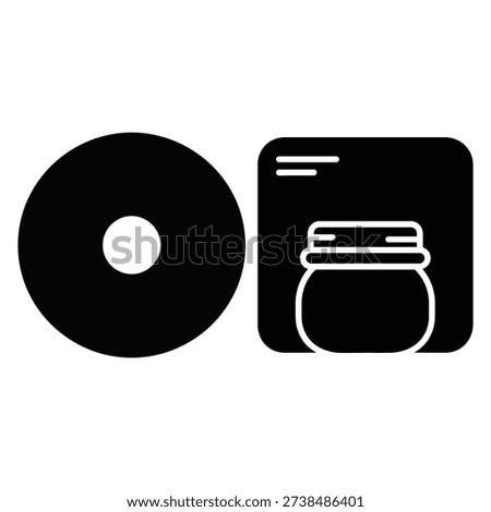 A black and white icon featuring a compact disc and a jar of jam.