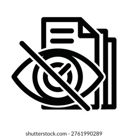 A black and white icon featuring an eye with a diagonal strike-through line, symbolizing invisibility or hidden content, placed in front of stacked document pages. Represents privacy, confidentiality, and restricted access.