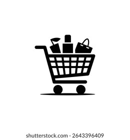 Black and white icon featuring a filled shopping cart. Items inside include a bag, a box, and produce, indicating grocery or retail shopping.