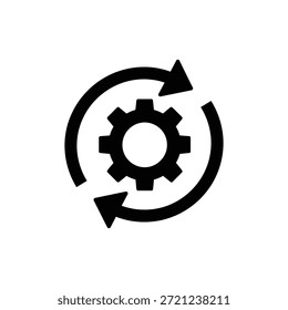 Icono en blanco y negro con rueda dentada circular con doble ciclo de flecha