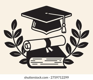 A black and white icon featuring a graduation cap, diploma, book, and laurel wreath, symbolizing academic achievement and education