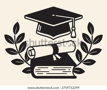 A black and white icon featuring a graduation cap, diploma, book, and laurel wreath, symbolizing academic achievement and education