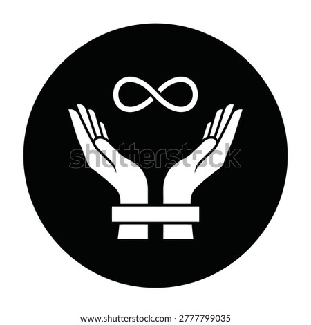 Black and white icon featuring hands in handcuffs reaching for an infinity symbol, symbolizing eternal confinement, endless prison, loss of freedom, and life sentences.
