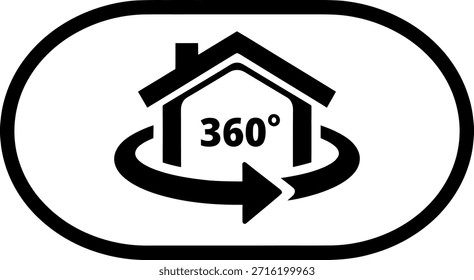 A black and white icon featuring a house with a 360-degree view indicator, representing virtual property tours and immersive real estate experiences.