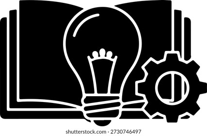 Un icono en blanco y negro con una bombilla con un engranaje y un libro abierto en el fondo, que representa ideas e innovación en la educación y la mecánica con un simple arte lineal