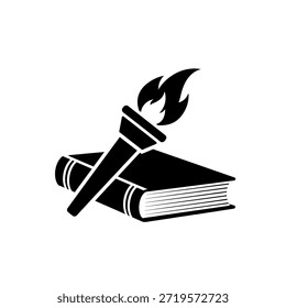 Um ícone preto-e-branco com uma tocha iluminada que repousa em um livro aberto, representando a educação, o aprendizado e a busca do conhecimento.