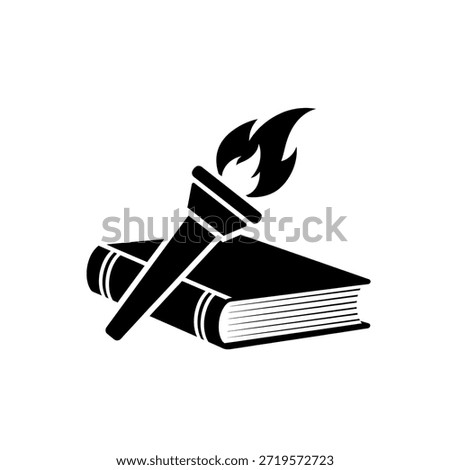 A black and white icon featuring a lit torch resting on an open book, representing education, learning, and the pursuit of knowledge.