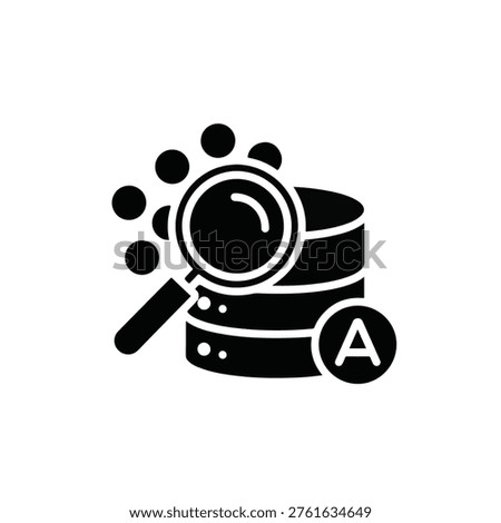 A black and white icon featuring a magnifying glass on top of stacked disks with a letter A on one disk