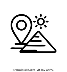 Black and white icon featuring a pyramid, location pin, and sun. The pyramid has horizontal lines, and the sun has radiating lines.