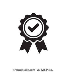 A black and white icon featuring a rosette ribbon with a checkmark in the center, simple and elegant design