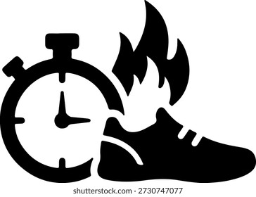 Ein schwarz-weißes Symbol mit einem Laufschuh auf Feuer neben einer Stoppuhr, die Geschwindigkeit und Dringlichkeit in einem fetten, grafischen Stil symbolisiert