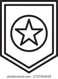Un icono blanco y negro con una forma de escudo con una estrella en el centro, delineado en negro, aislado sobre fondo blanco