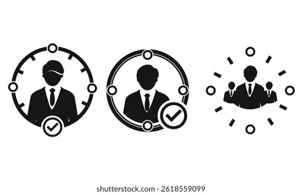 Un icono en blanco y negro con la silueta de un hombre de negocios con flechas circulares o símbolos de flujo alrededor de su cabeza, lo que sugiere gestión del tiempo, flujo de trabajo, eficiencia o productividad