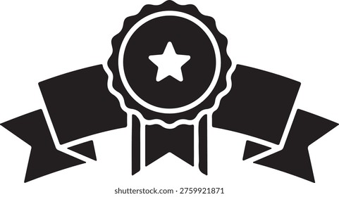 A black and white icon featuring a star within a rosette badge with a ribbon
