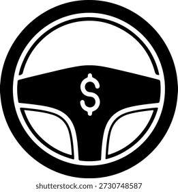Un icono en blanco y negro con un volante con un signo de dólar que se muestra prominentemente en él, sobre un fondo blanco limpio para mayor versatilidad