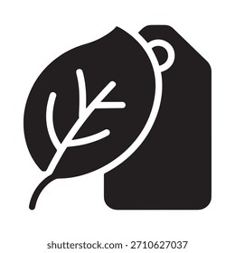 A black and white icon featuring a stylized leaf overlapping a price tag or label representing organic or natural products.