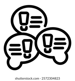 Black and white icon featuring three speech bubbles with exclamation points, symbolizing urgent conversation