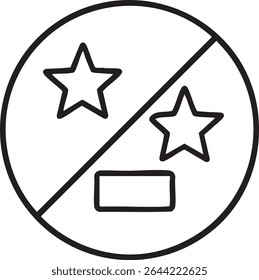 A black and white icon featuring two stars and a rectangle within a circle, crossed by a diagonal line, indicating prohibition.
