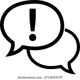 Un icono en blanco y negro con dos burbujas de discurso superpuestas, una que contiene un signo de exclamación prominente, que simboliza mensajes o advertencias urgentes.