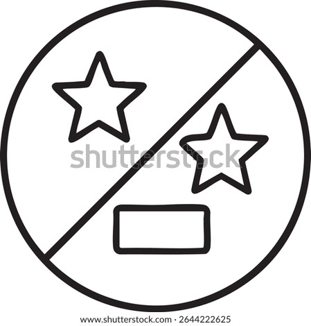 A black and white icon featuring two stars and a rectangle within a circle, crossed by a diagonal line, indicating prohibition.