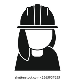 Black and white icon of a female construction worker wearing a hard hat for safety