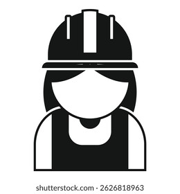 Black and white icon of a female construction worker wearing a hard hat and safety vest