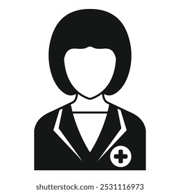 Black and white icon of a female doctor wearing a white coat, perfect for healthcare and medical websites