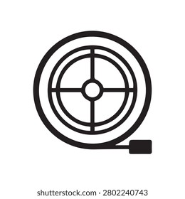 Black and white icon of a fire hose reel with a flat connector, symbolizing fire safety equipment.