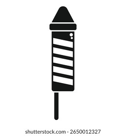 Black and white icon of a firework rocket with stripes