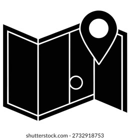 Ícone preto-e-branco de um mapa dobrado com um marcador de pino de localização colocado nele, indicando um destino ou ponto de interesse.
