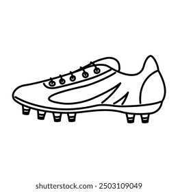 A black and white icon of a football or soccer cleat. The side view of a cleat with laces and studs. For sports related projects, logos, or educational materials.