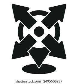 Black and white icon of four arrows pointing to the center, symbolizing a central meeting point or convergence of ideas