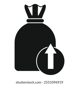 Black and white icon of a full garbage bag with an up arrow sign, symbolizing increasing amounts of trash