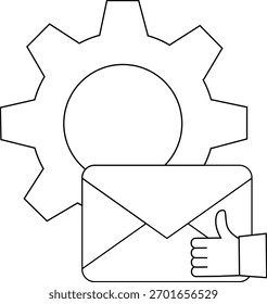 Ícone preto e branco com envelope de engrenagens e miniaturas simbolizando automação e acordo