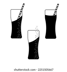 Black and white icon glass of soda with straw, sparkle bubbles and editable stroke. Food icons. Website banner.