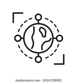 A black and white icon of a globe with circles around it