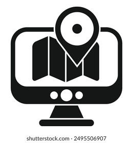 Icono en blanco y negro de un App de navegación gps que muestra la ubicación en la pantalla de un ordenador