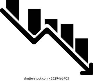 um ícone preto e branco de um gráfico indo para baixo. seta indo para baixo ícone de stock. Diminuir, Falência, ícone de falha do mercado financeiro para o design do seu site. Ilustração vetorial