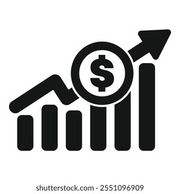 Icono blanco y negro de un gráfico que aumenta con un signo de dólar, que representa un aumento de las ganancias