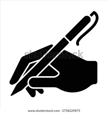 A black and white icon of a hand grasping a pen, poised to create or write