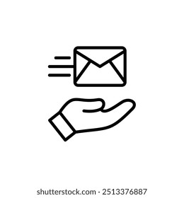 A black and white icon of a hand holding a fast-moving envelope.