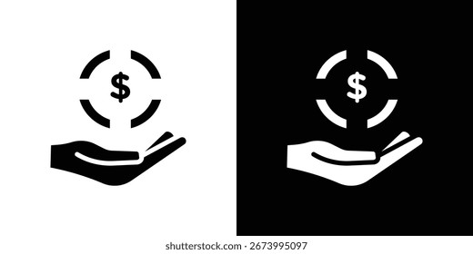 Icono blanco y negro de una mano que recibe un signo de dólar dentro de un círculo. Se muestran dos versiones, aisladas sobre fondos blancos y negros.
