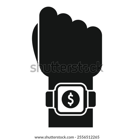 Black and white icon of a hand wearing a smartwatch with a dollar sign on the screen, representing mobile payments